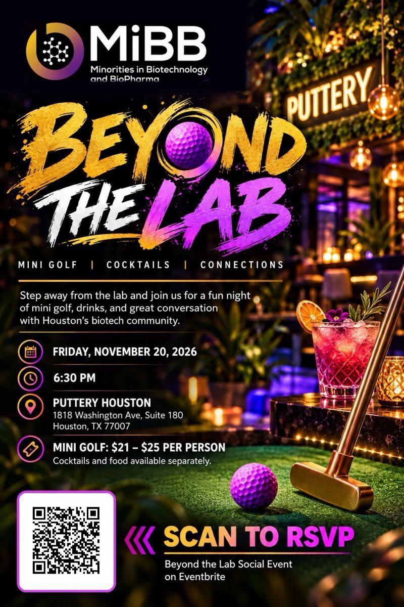 MiBB Presents: Beyond the Lab event flyer for November 20, 2026 at Puttery Houston